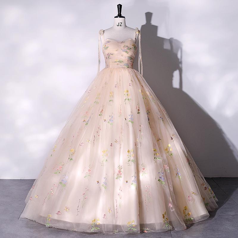 anyfreebie™- Fashion Spaghetti Strap Quinceanera Dresses New Champagne Colorful Floral Tulle Ball Gown Simple Sweet Fairy Vestido De Baile