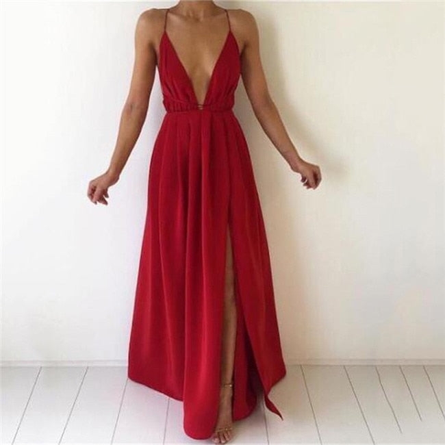 anyfreebie™-Summer Maxi Dress Women Solid Color Sexy Deep V-Neck Sleeveless Spaghetti Strap Backless High Split Long Sundress Vestidos