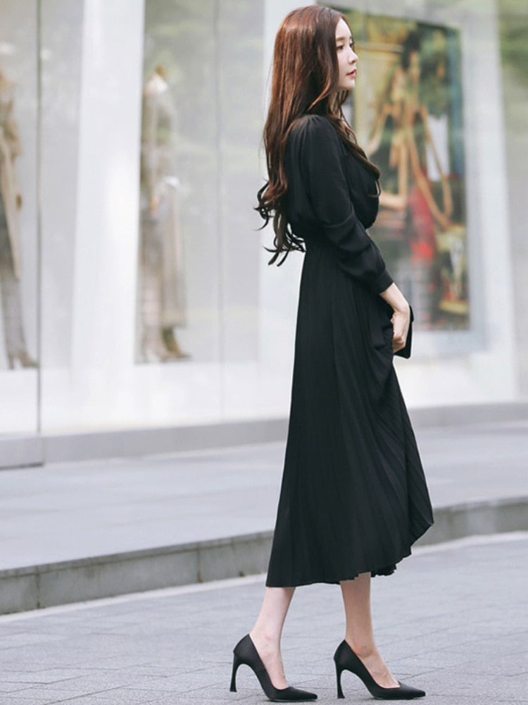 anyfreebie™- Elegant Chiffon Long Sleeve Shirt Dress Women Belt Lace Up A-line Pleated Maxi Dress Korean Fashion Fall Clothes Streetwear