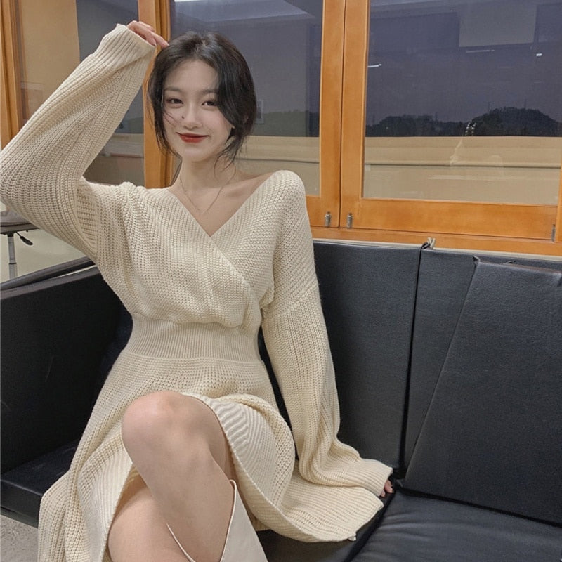 anyfreebie™- Atumn Knitted Dress Women Long Sleeve V-Neck Sexy Pure Color Elegant Sweater Mini Dress Female Party One Piece Dress Korean