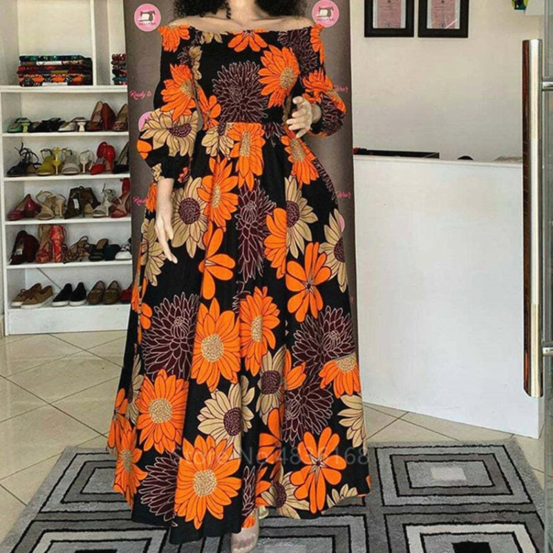 anyfreebie™- African National Print Party Dress Women Casual Sexy Slash-neck Lady Maxi Dress New Vintage Long-sleeved Loose Elegant Dress