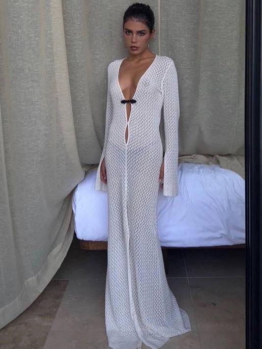 anyfreebie™-Summer Beach Holiday Knitted Maxi Dress Outfits for Women Party Club Long Sleeve See Through Dresses Hollow Out