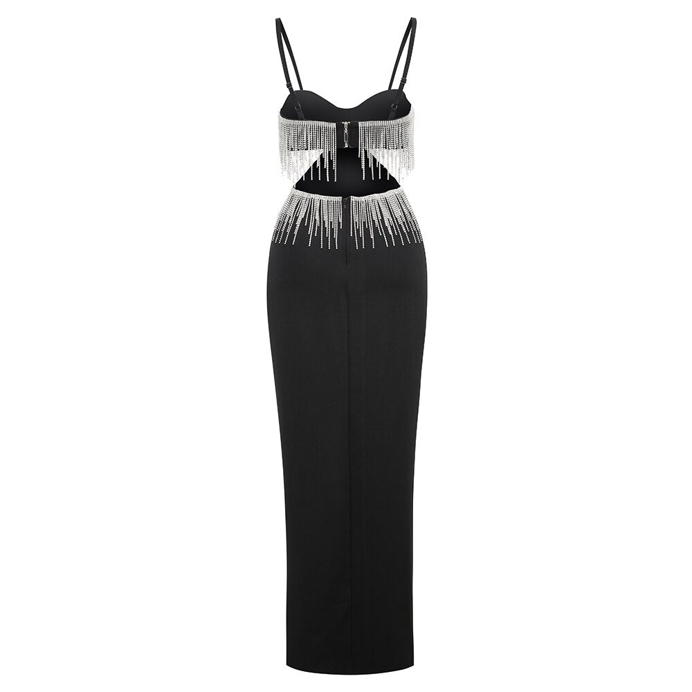 anyfreebie™- Sexy Spaghetti Tassel Diamond Tight Dress Maxi Club Luxury Bodycon Dress Backless High Slit Dress Celebrity Evening Party Dress