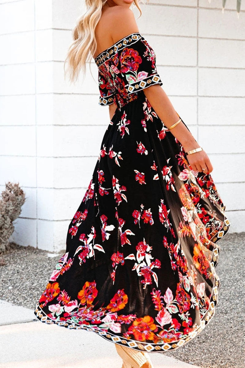 anyfreebie™-Fashion Street Print Patchwork Off the Shoulder Irregular Dresses