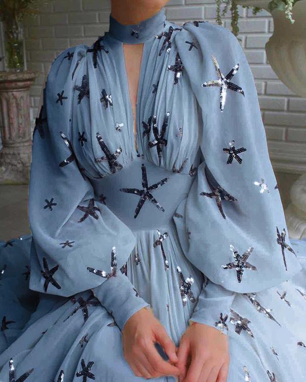 anyfreebie™-Star Sequin Lantern Sleeve Chiffon Slit Dress