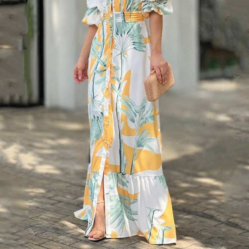 anyfreebie™- Women Maxi Dress Summer Stylish Print Short Puff Sleeve V Neck Nipped Waist Slim Single Row Button Beach Party Dresses