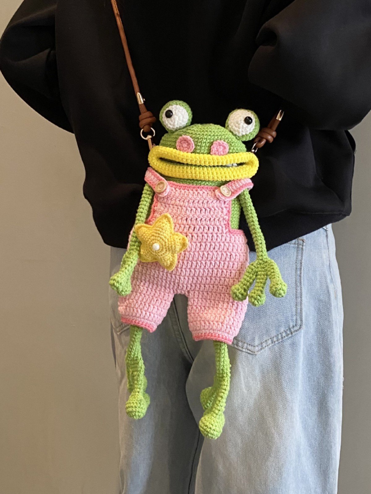 New Handmade Crochet Big Mouth Frog Crossbody Bag