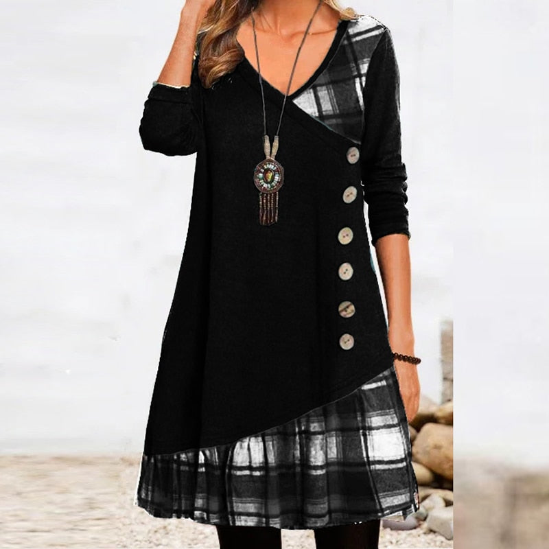 anyfreebie™ - Fashion Long Sleeve V Neck Midi Dress Autumn Ladies Button Splicing Loose Dress New Vintage Geometric Puzzle Print A-line Dress