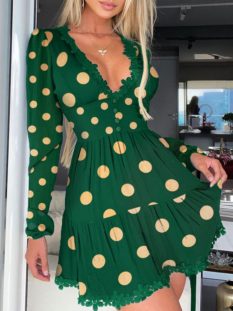 anyfreebie™-Polka Dot Print Lace Trim Ruched Dress Women Sexy Plunge Long Sleeve Flared Mini Dress