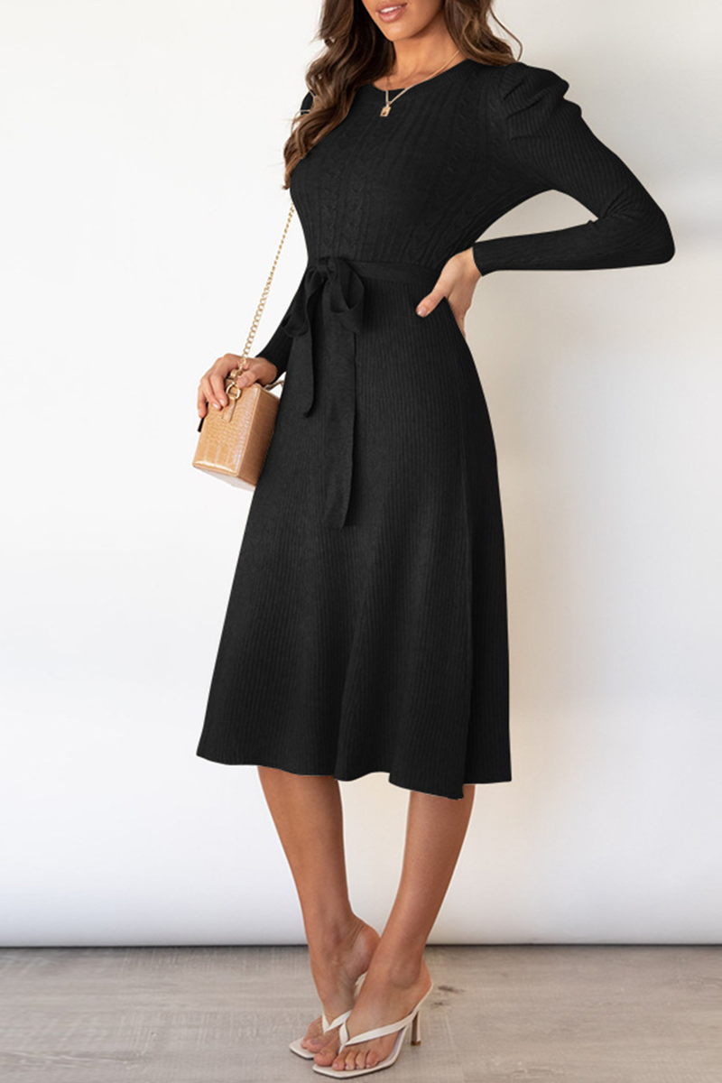 anyfreebie™-Elegant Solid With Belt O Neck Sweater Dresses