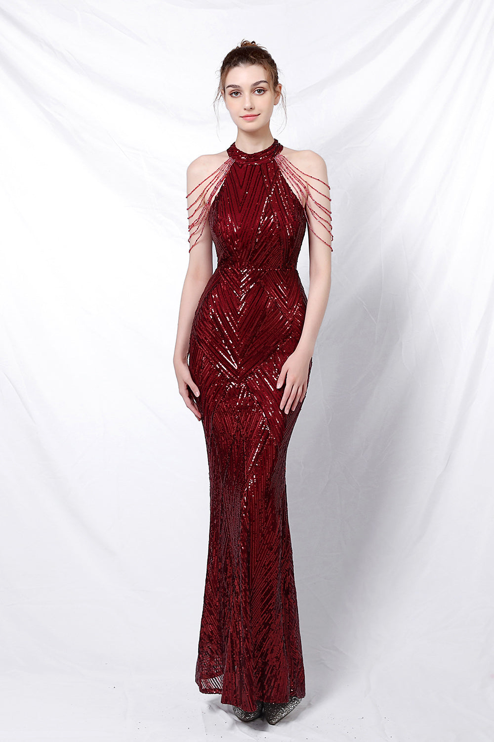 anyfreebie™-Long halterneck sequined fishtail evening gown