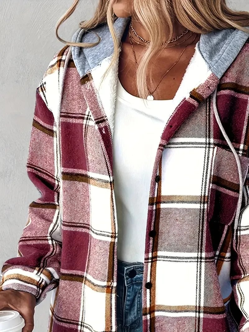 🔥Women's Plaid Button Down Fleece Lined Hooded Jackets Warm Coat