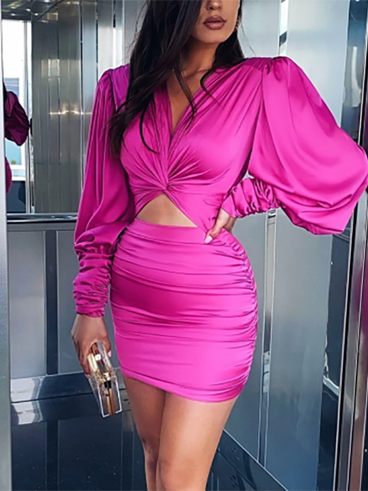 anyfreebie™- Sexy deep v neck bodycon dress Party club hollow out mini dress Elegant winter autumn chic lantern sleeve satin dress