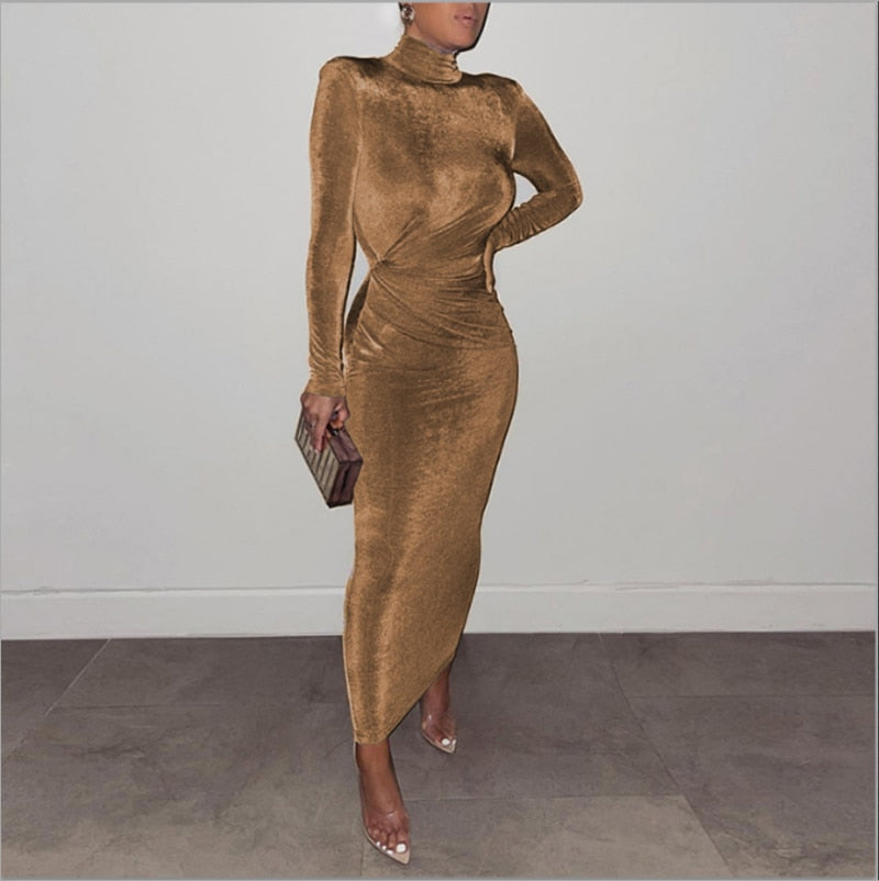 anyfreebie™- Sexy Long Sleeve Turtleneck Midi Dress for Women 2024 Spring Women&#39;s Elegant Bodycon Evening Party Long Dresses Black Blue Khaki