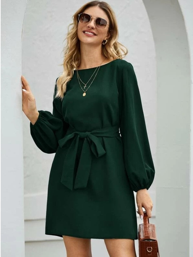 anyfreebie™-Women Midi Dress Fashion Comfortable Atmosphere Drawstring Lantern Sleeve Mini A-line Skirt Dress Summer New