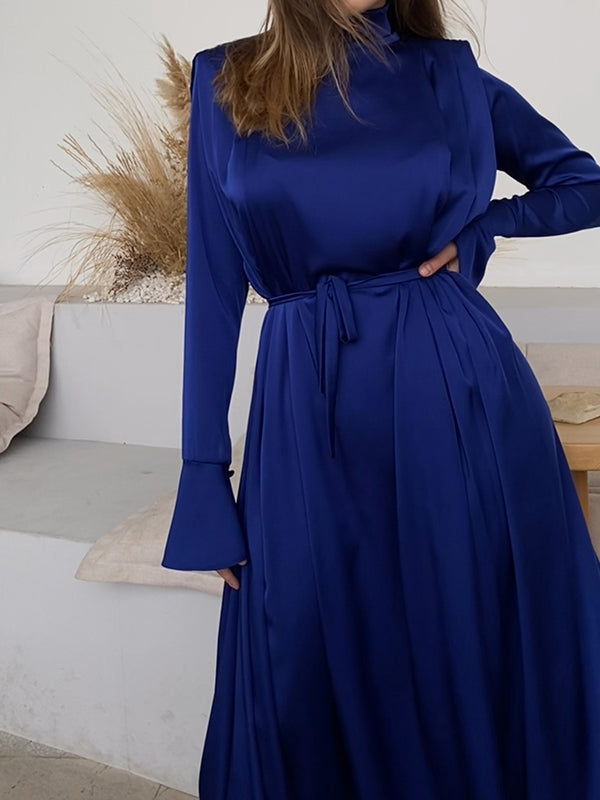 anyfreebie™- Flared Sleeves Long Sleeves Solid Color High-Neck Maxi Dresses