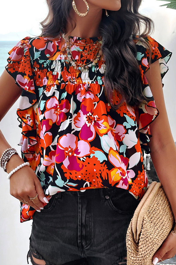 anyfreebie™-Floral Print Pleated Crew Neck Pullover Top