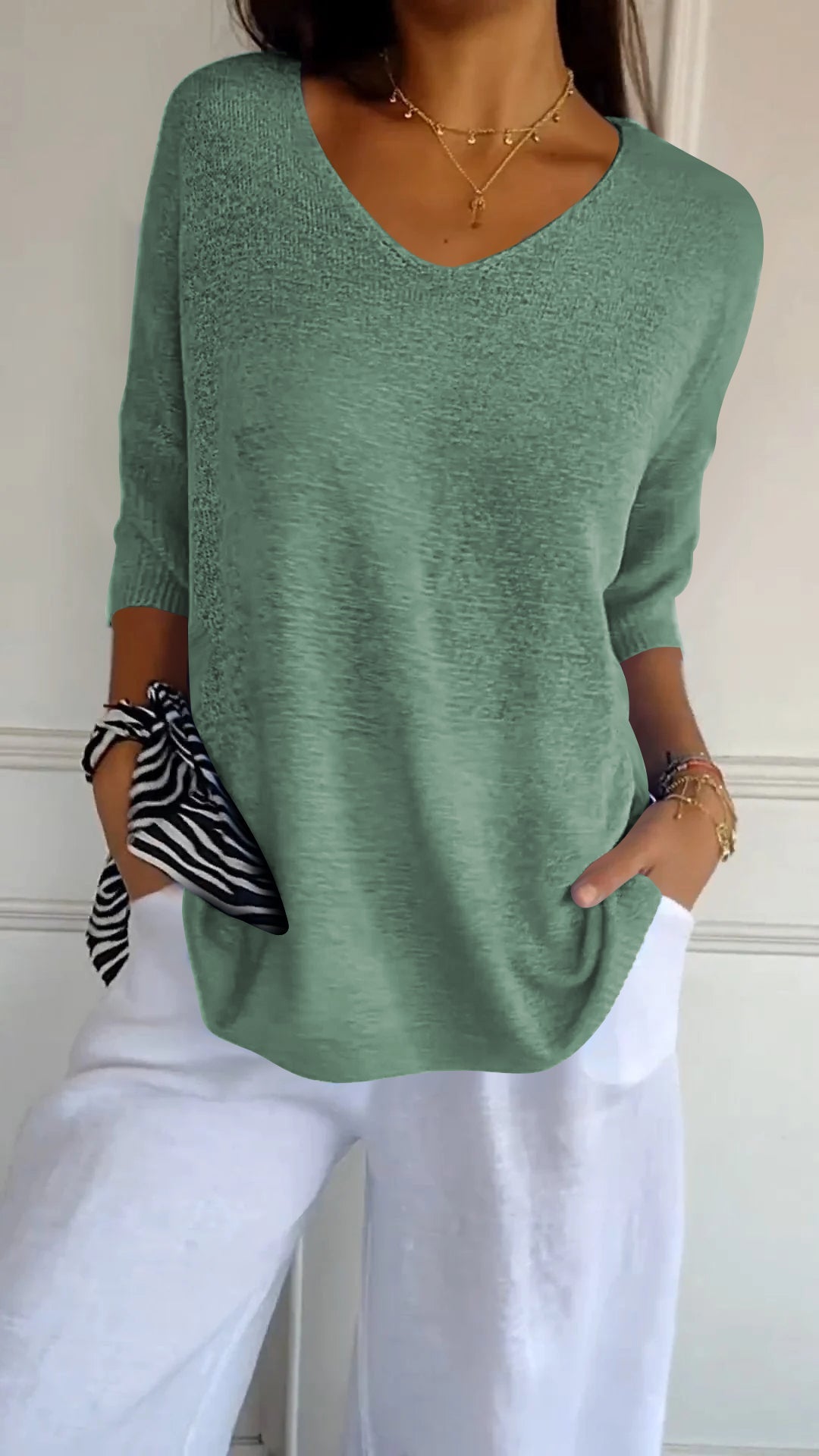 anyfreebie™-Solid Color Knitted V-neck Top