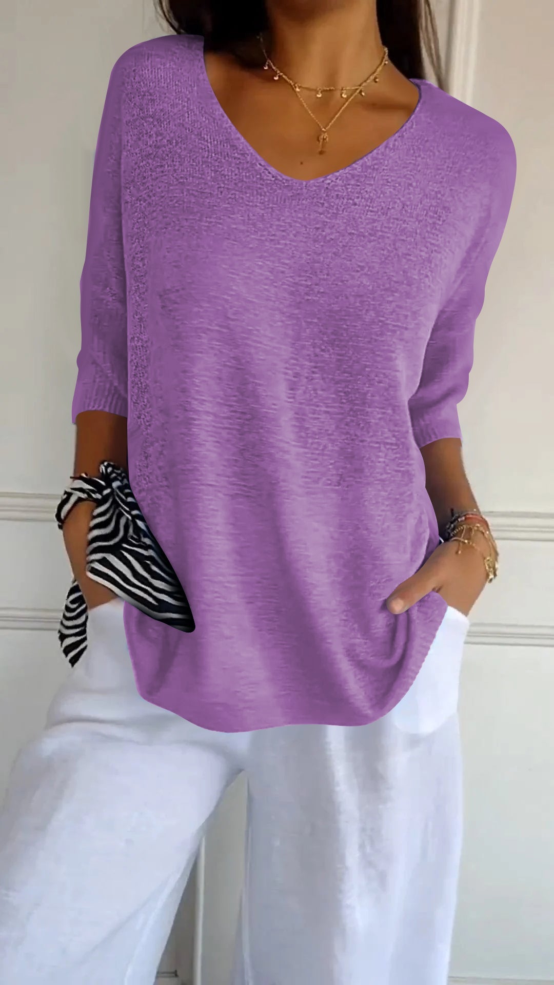 anyfreebie™-Solid Color Knitted V-neck Top