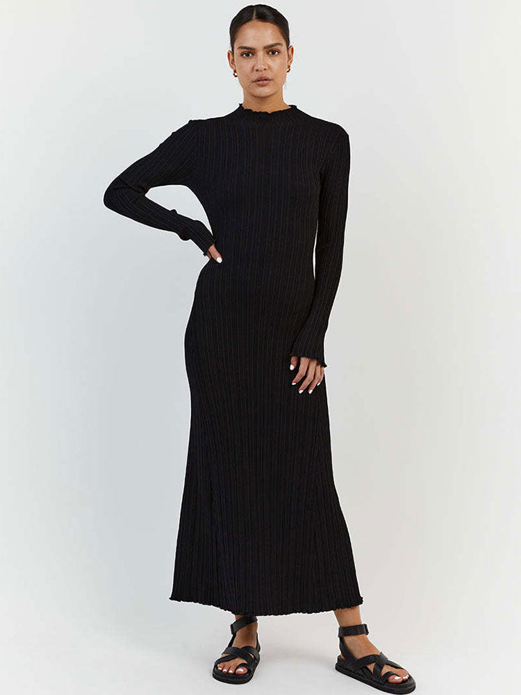 anyfreebie™- 2024 Autumn Winter Knitted Maxi Dress Elegant Women Long Sleeve Slim Pleated Robe Club Party Bodycon Long Dress Vestidos