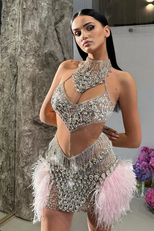 anyfreebie™-Hand-beaded ostrich feather dress-vx