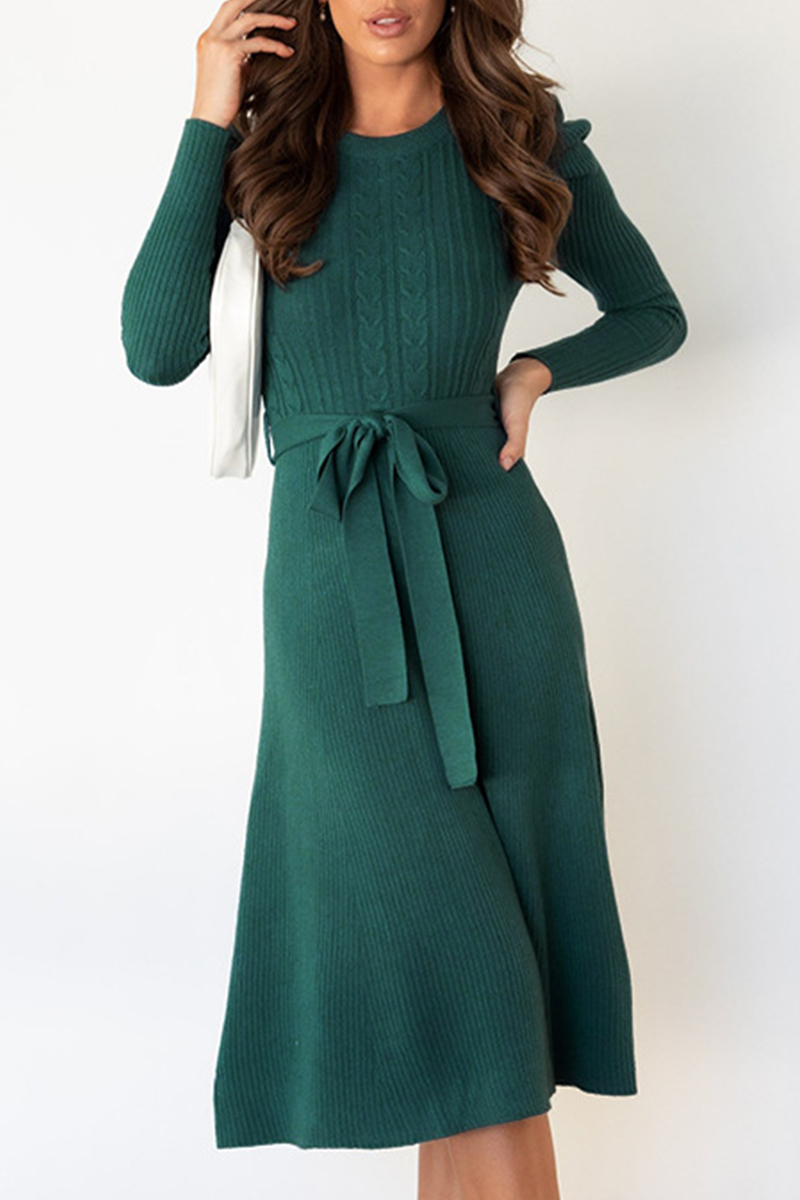 anyfreebie™-Elegant Solid With Belt O Neck Sweater Dresses