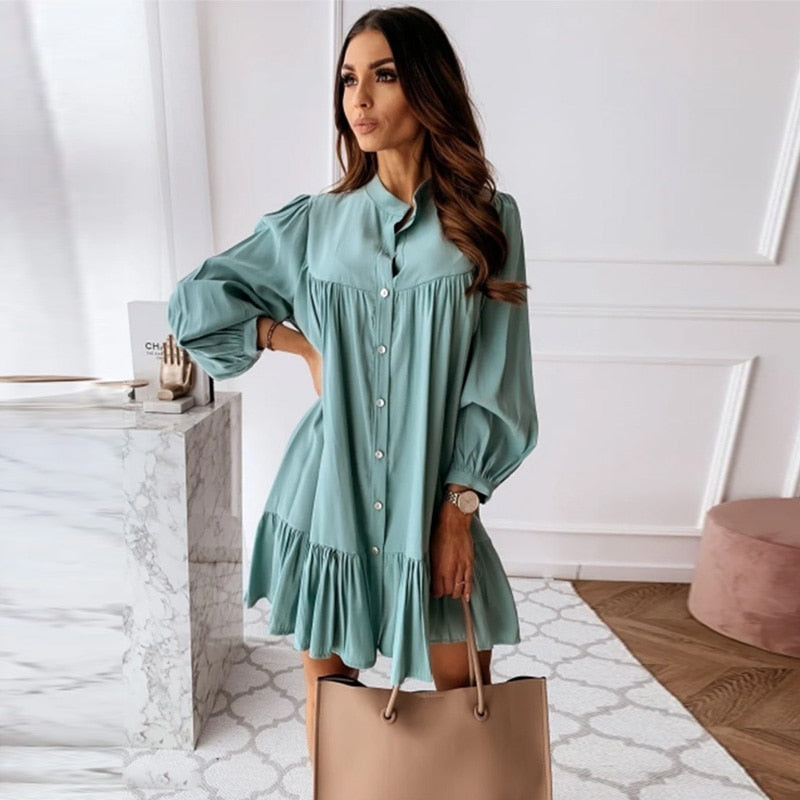 anyfreebie™-Women Vintage Ruffled Front Button A-line Dress Long Sleeve Stand Collar Solid Elegant Casual Mini Dress Autumn New Dress