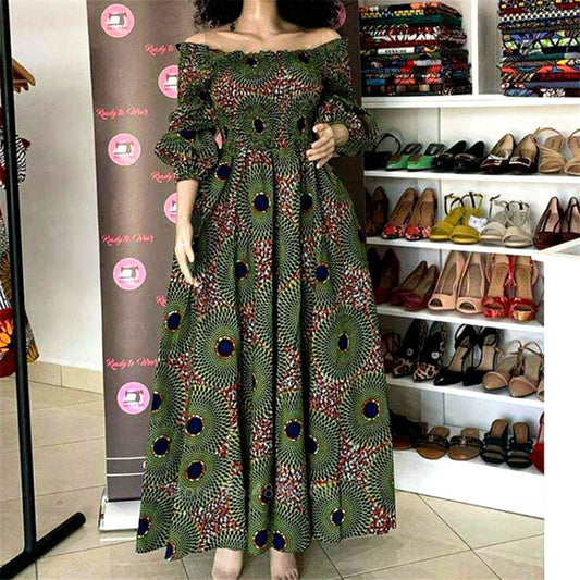 anyfreebie™- African National Print Party Dress Women Casual Sexy Slash-neck Lady Maxi Dress New Vintage Long-sleeved Loose Elegant Dress