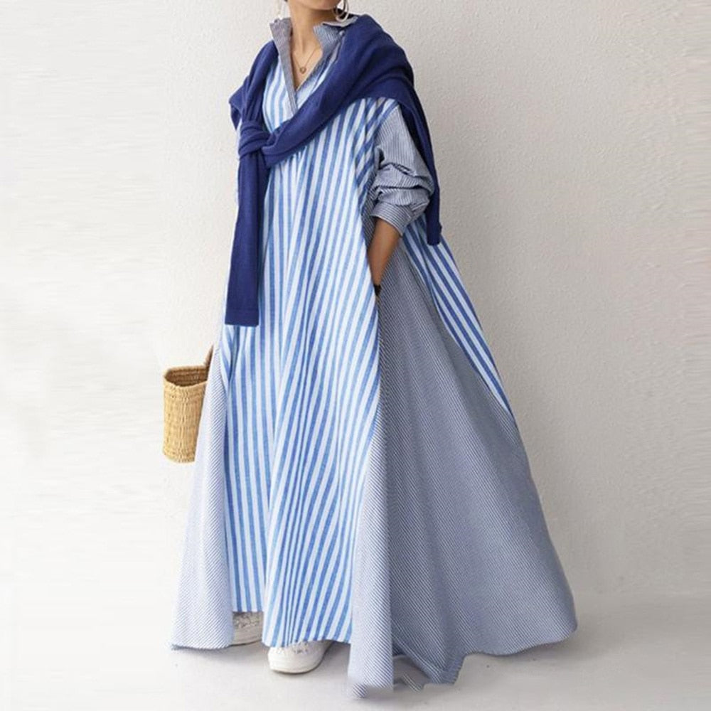 anyfreebie™- Autumn Casual Loose Maxi Dress Women Vintage Turn-down Collar Striped Shirt Boho Beach Wedding Long Office Vestidos