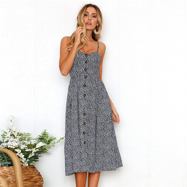 anyfreebie™- Boho Sexy Floral Dress Summer Vintage Casual Sundress Female Beach Dress Midi Button Backless Polka Dot Striped Women Dress