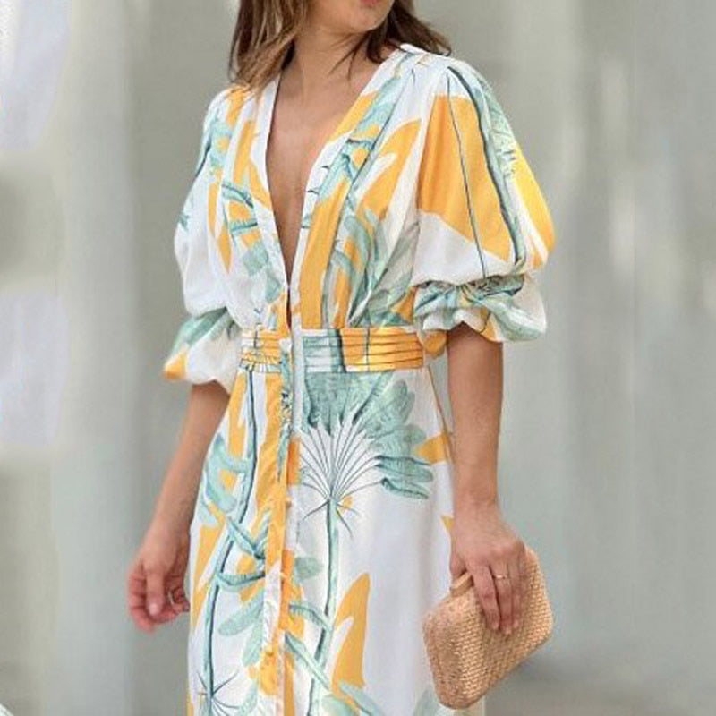 anyfreebie™- Women Maxi Dress Summer Stylish Print Short Puff Sleeve V Neck Nipped Waist Slim Single Row Button Beach Party Dresses