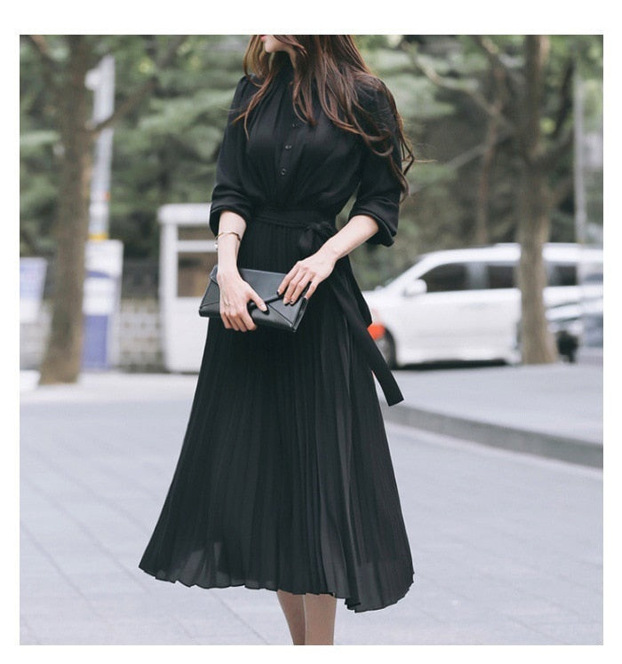 anyfreebie™- Elegant Chiffon Long Sleeve Shirt Dress Women Belt Lace Up A-line Pleated Maxi Dress Korean Fashion Fall Clothes Streetwear