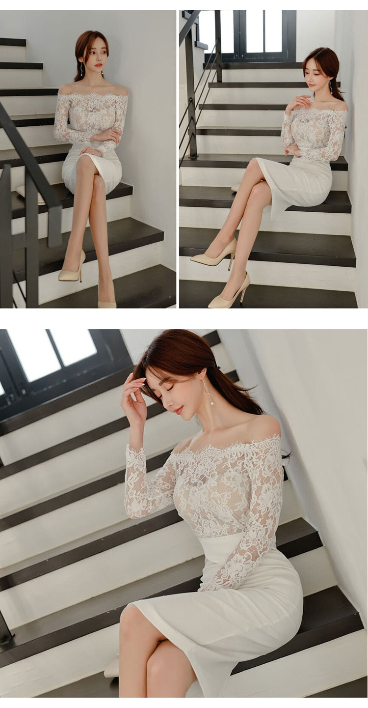 anyfreebie™-new arrival fashion korean spring midi party dress women OL temperament lace perspective sexy off-shoulder holiday pencil dress