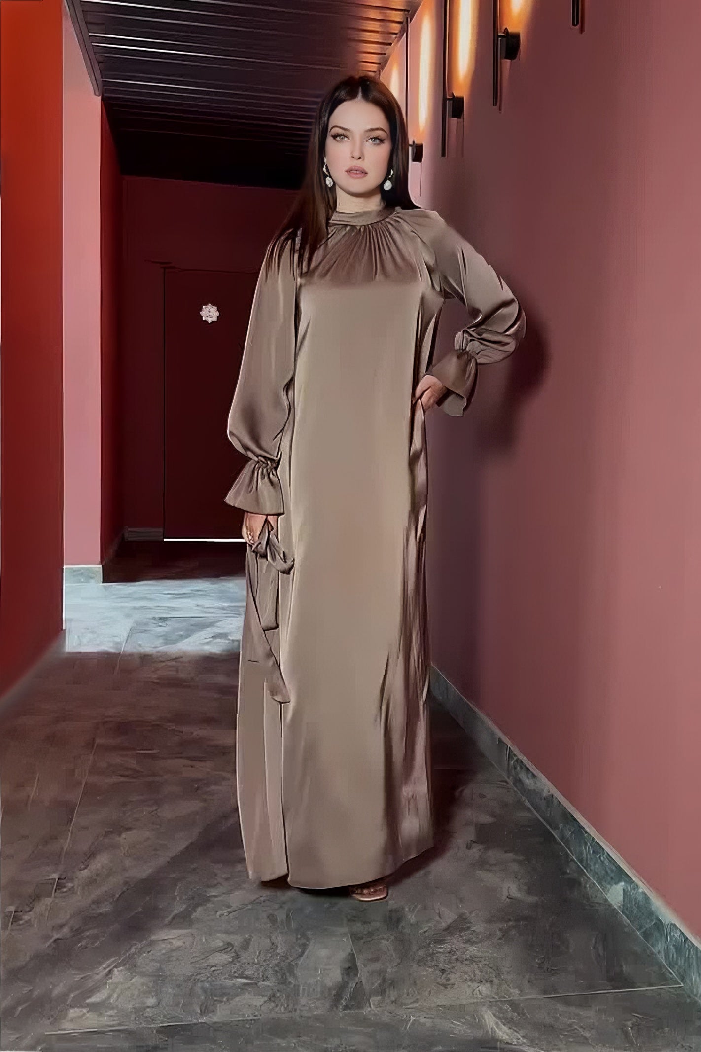 anyfreebie™-Solid Color Satin Long Sleeve Loose Dress