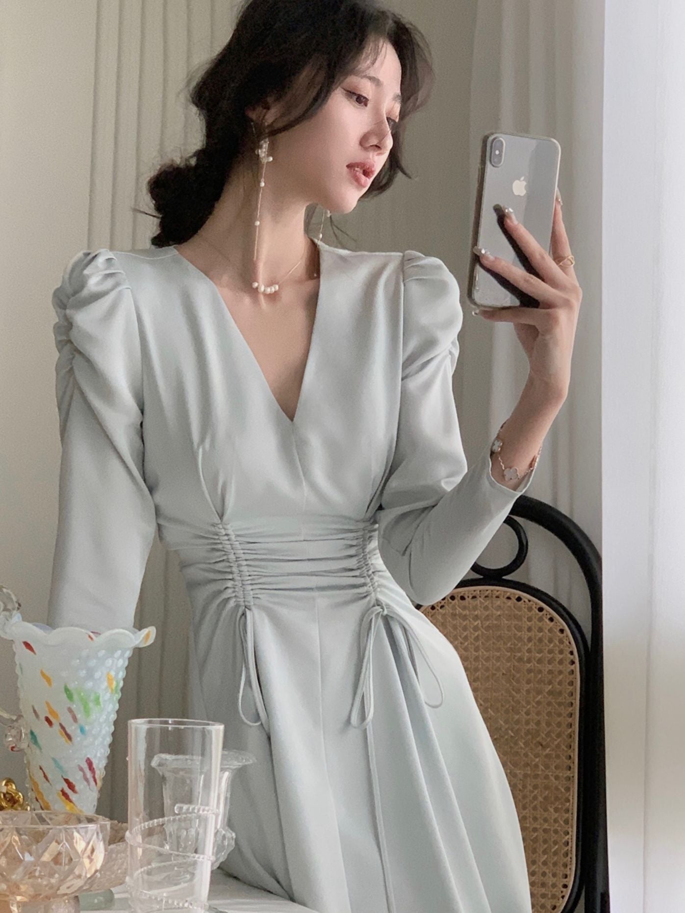 anyfreebie™- New Women Elegant Midi Satin Dress Long Sleeve Party Vestidos One Piece Drawstring Slim Spring Clothes