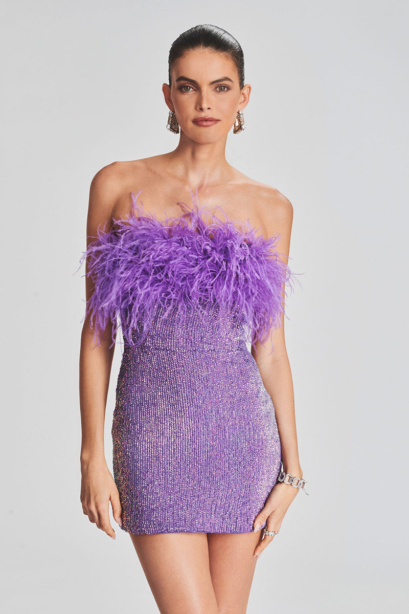 anyfreebie™-Sexy backless ostrich feather fringed tube top evening dress