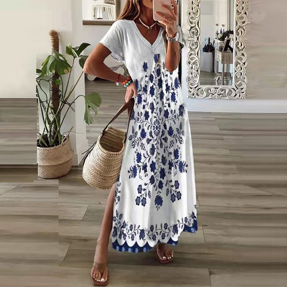 anyfreebie™- Vintage Print Maxi Dress Women 2024 Summer Elegant V Neck Short Sleeve Loose Split Casual Dress Female Party Boho Beach Vestidos