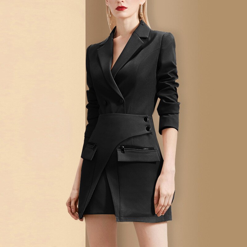 anyfreebie™-Casual Khaki Two Piece Set Notched Long Sleeve Blazer High Waist Irregular Mini Skirt