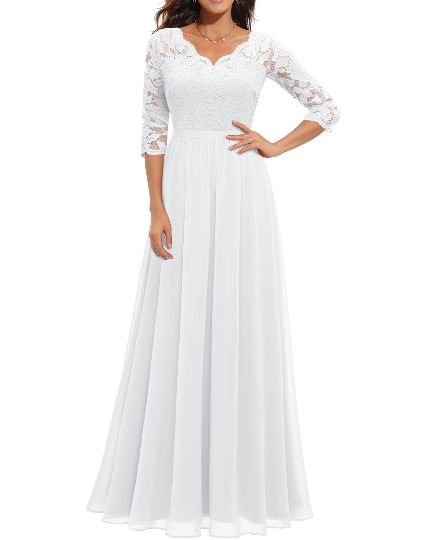 anyfreebie™- Women&#39;s Elegant Vintage V Neck 3/4 Sleeve Floral Lace Chiffon Wedding Bridesmaid Maxi Dress Long Formal Dresses