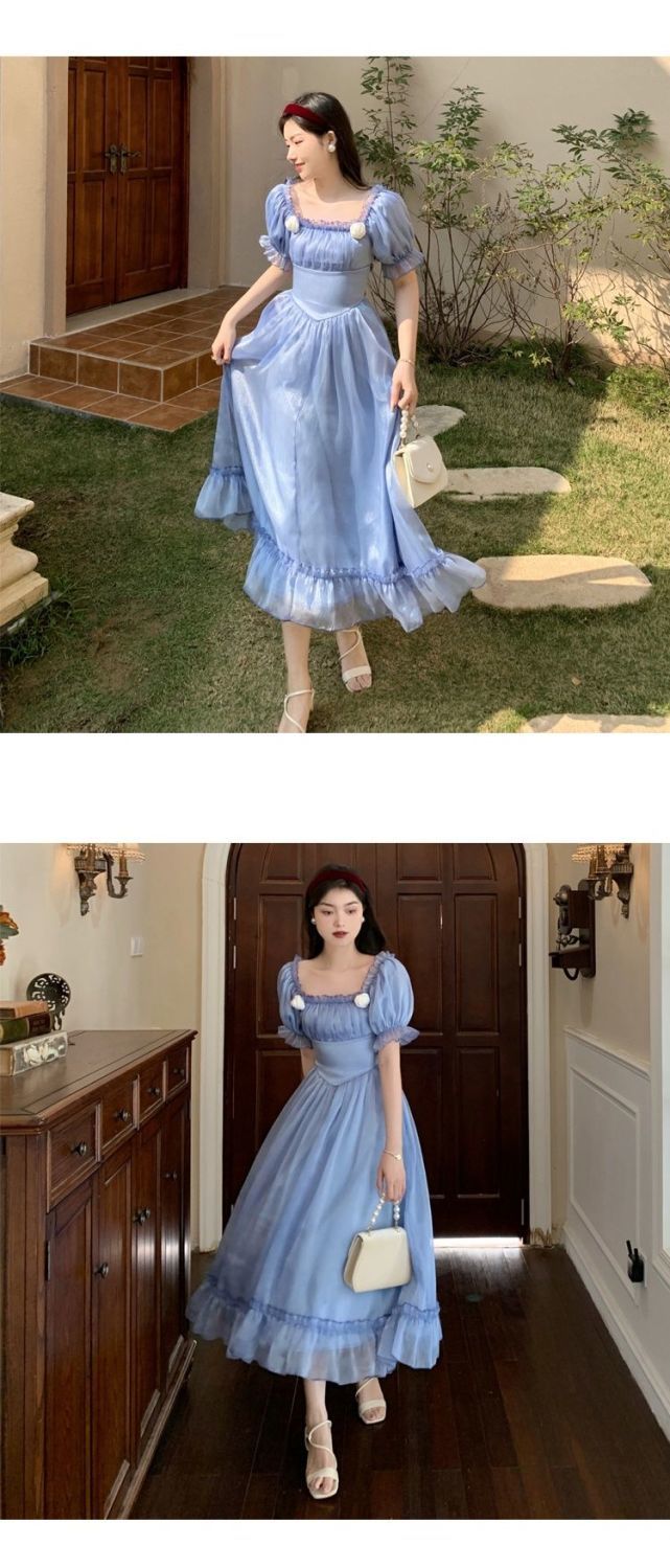 anyfreebie™- France Elegant Sweet Dress Women Autumn Winter Vintage Eveving Party Midi Dresses Chic Korean Retro Blue Fairy Dress 2024 New