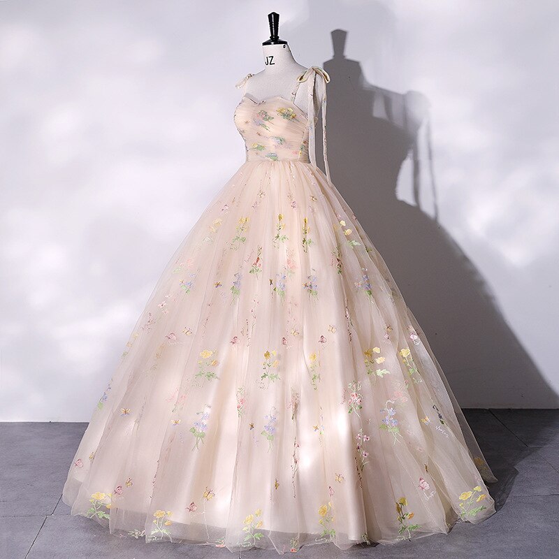 anyfreebie™- Fashion Spaghetti Strap Quinceanera Dresses New Champagne Colorful Floral Tulle Ball Gown Simple Sweet Fairy Vestido De Baile