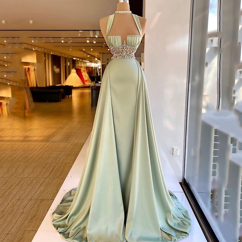 anyfreebie™- Arabic Green Mermaid Evening Dress Elegant Sleeveless Halter Neck Soft Satin Beading Prom Dresses Long Party Gown