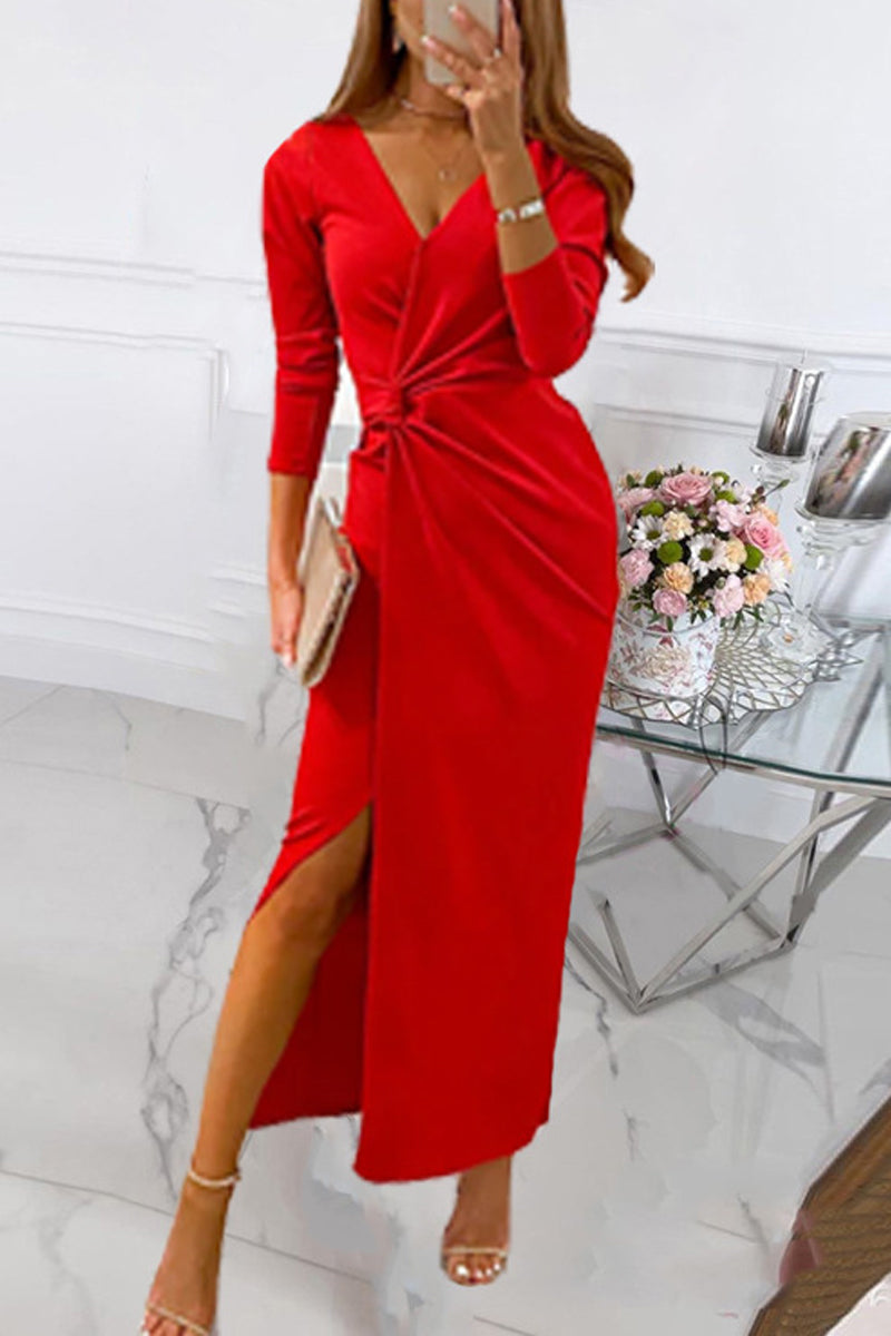 anyfreebie™-Elegant Solid Slit Fold V Neck Evening Dress Dresses