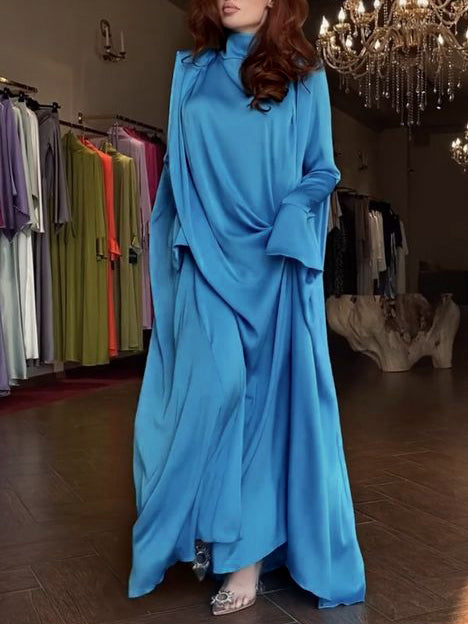 anyfreebie™- Flared Sleeves Long Sleeves Solid Color High-Neck Maxi Dresses