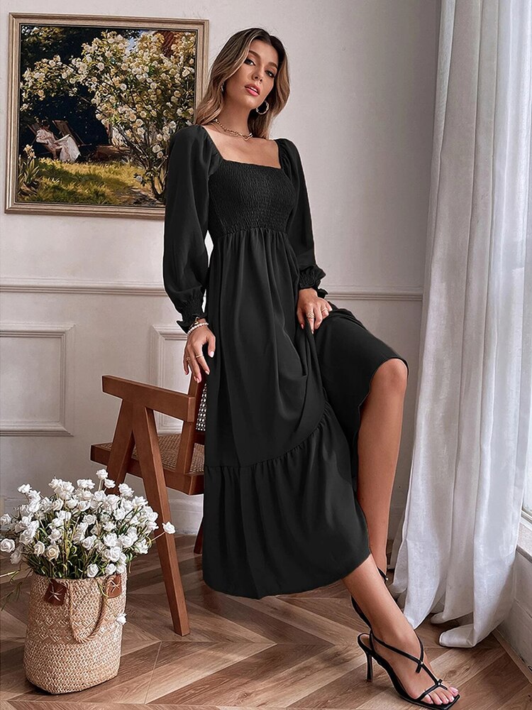 anyfreebie™-Women Fashion Panelled Midi Dress Vintage Square Neck Long Puff Sleeve A Line Female Dresses Vestidos Mujer