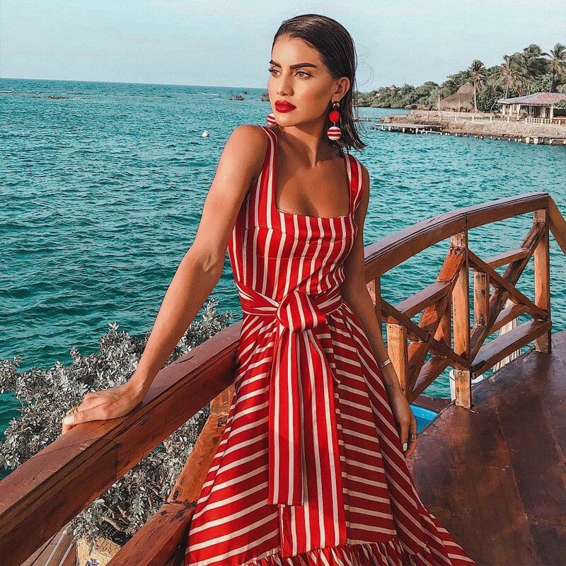 anyfreebie™- Women Dress Striped 2024 summer beach dress Bohemia Dress Sexy Long Maxi Dresses Bow Lace Up Ruffles Long Summer Dress