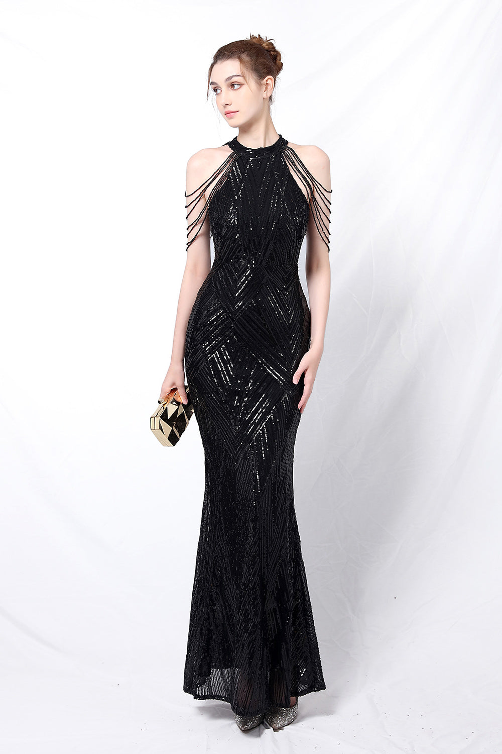 anyfreebie™-Long halterneck sequined fishtail evening gown