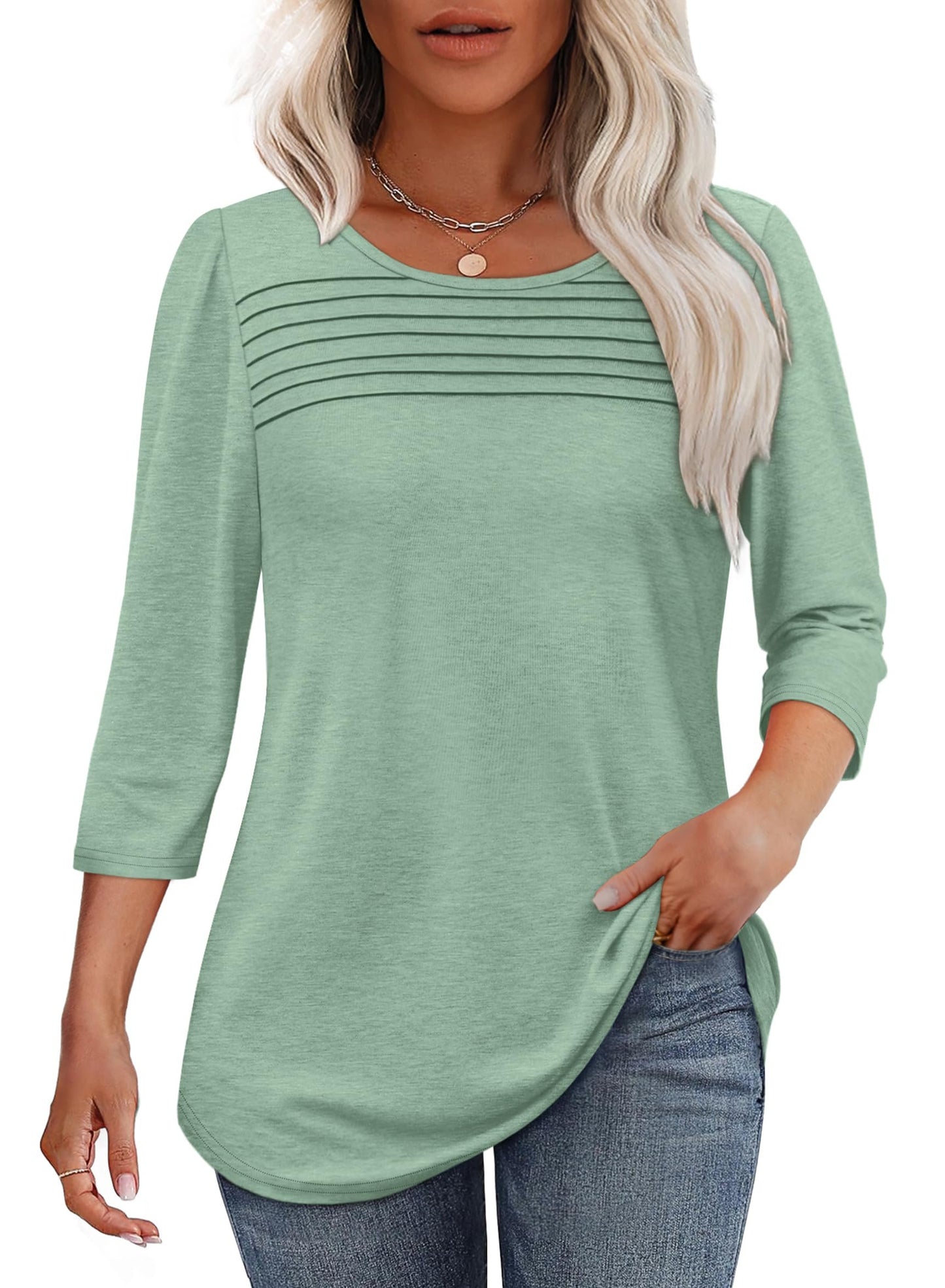 Women's 3/4 Length Sleeve Top Pleated Front T-Shirt