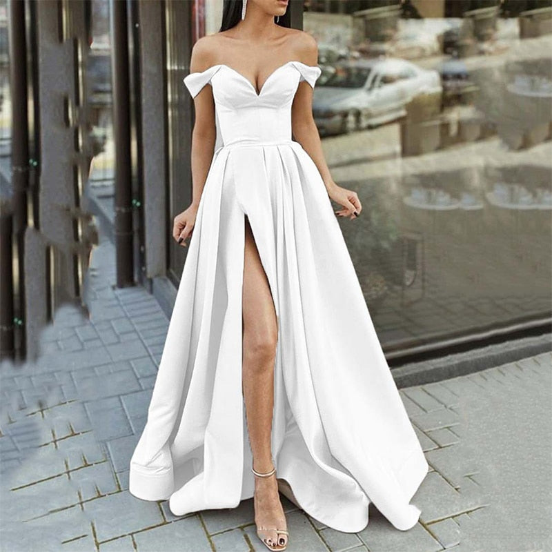 anyfreebie™- Summer Women Off Shoulder Strapless Club Party Dress Spring Elegant Slash Neck Backless Maxi Dress Short Sleeve Split Lady Dress