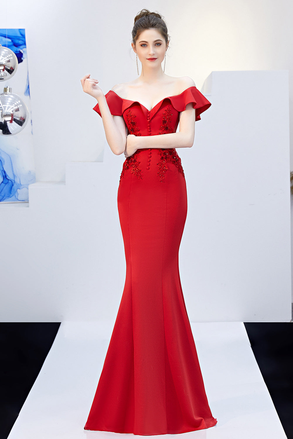 anyfreebie™-Long solid color off-the-shoulder evening dress